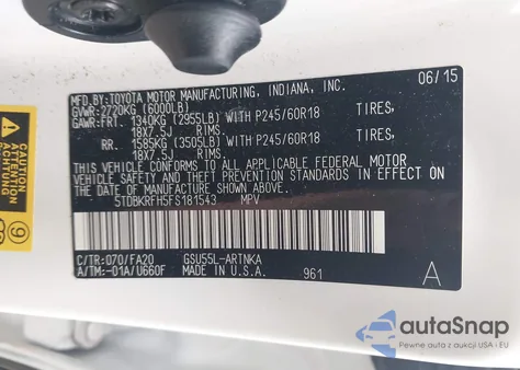 2015 Toyota Highlander Le Plus V6 z USA, uszkodzony, nr VIN 5TDBKRFH5FS181543